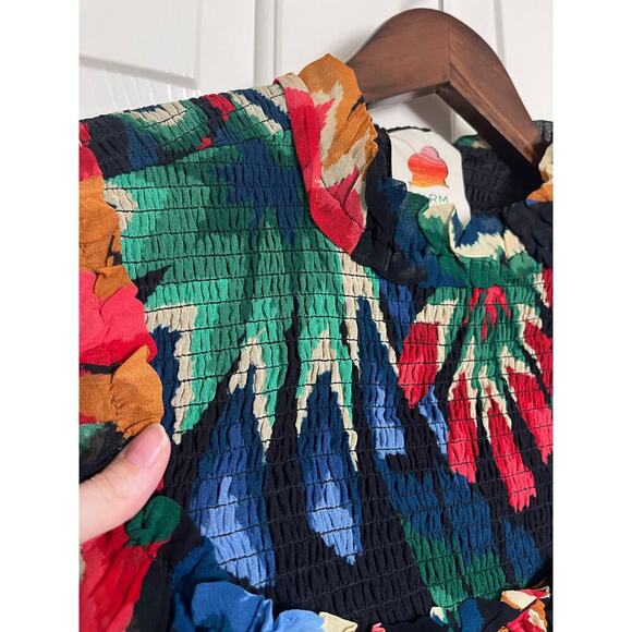 Farm Rio Chevron Tropical Forest Smocked Long Sleeve Blouse Black Small - Picture 5 of 10